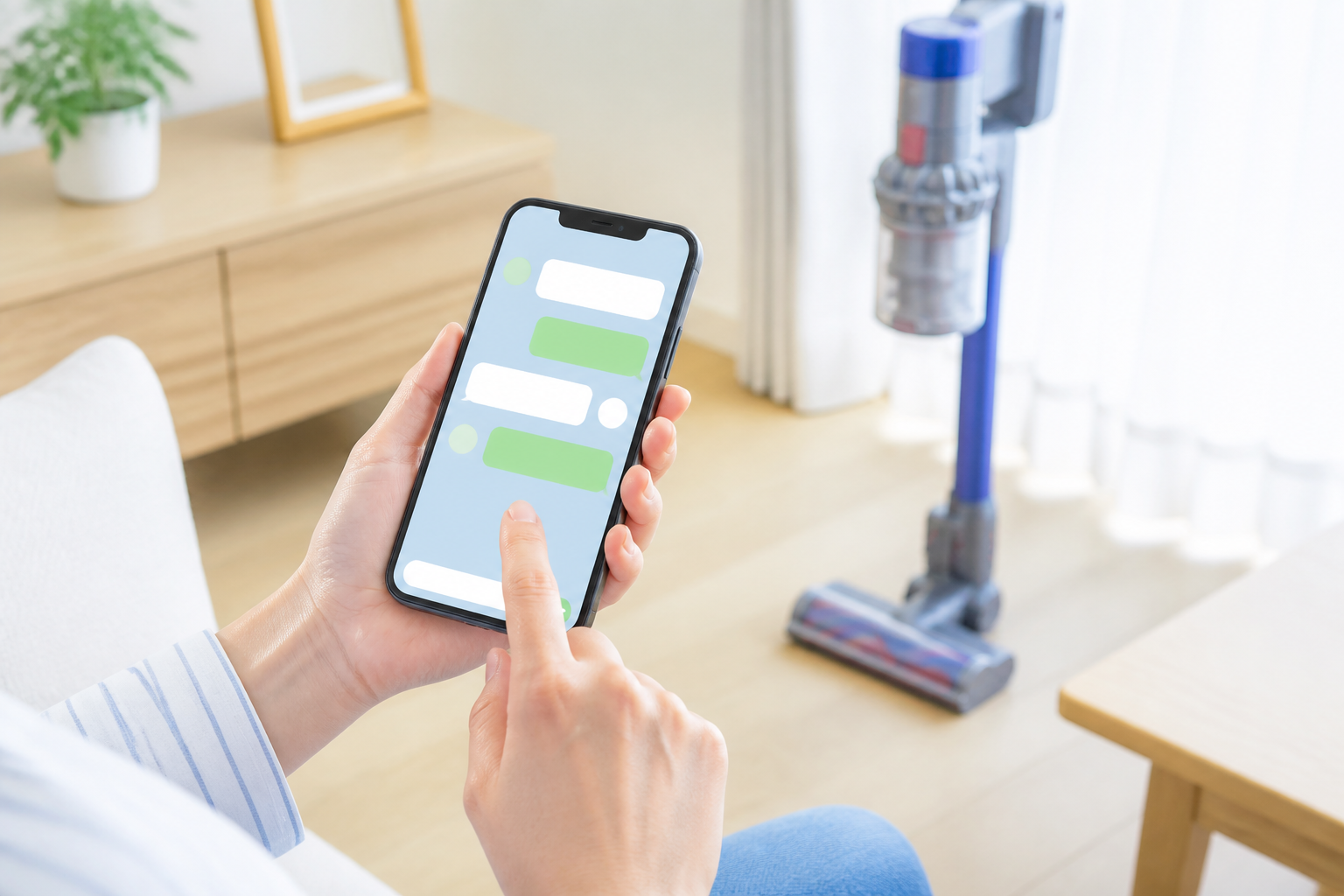 スマートフォンからLINEで掃除機の修理を依頼している様子